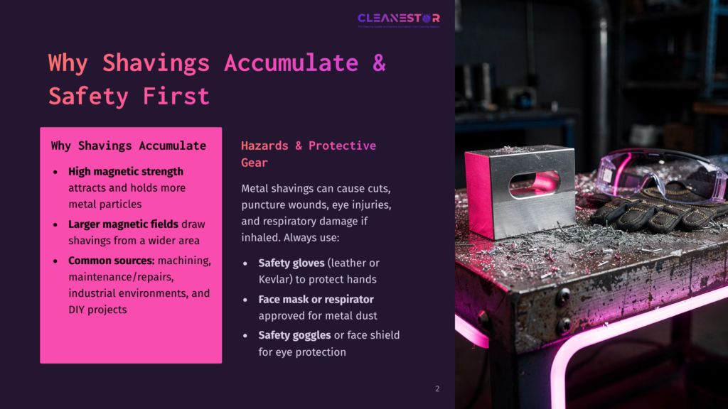 2 Why Shavings Accumulate And Safety First Infographic On A Workshop Table With A Metal Object, Safety Gloves, And A Face Mask Highlighting Hazards And Protective Gear For Metal Shavings.