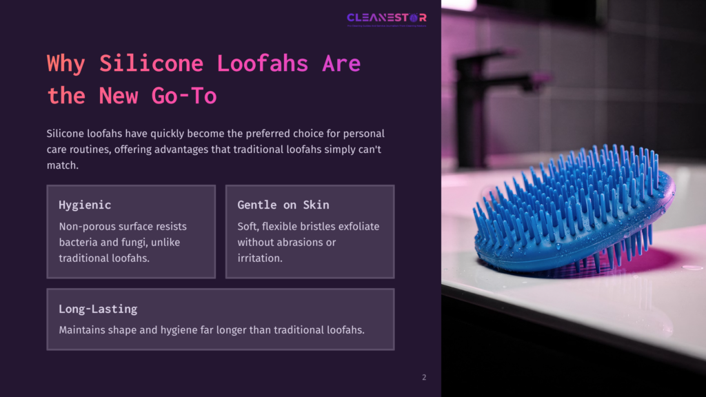 A Blue Silicone Loofah With Soft Bristles Sits On A Wet White Sink, With A Faucet In The Background. Text On The Left Highlights The Benefits Of Silicone Loofahs: Hygienic, Gentle On Skin, And Long-Lasting.