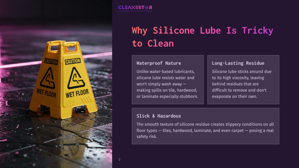 A Bright Yellow &Quot;Wet Floor&Quot; Caution Sign Stands On A Wet, Reflective Floor, With Pink And Purple Lighting In The Background. The Sign Has Two Panels With &Quot;Caution&Quot; And A Symbol Of A Person Slipping.