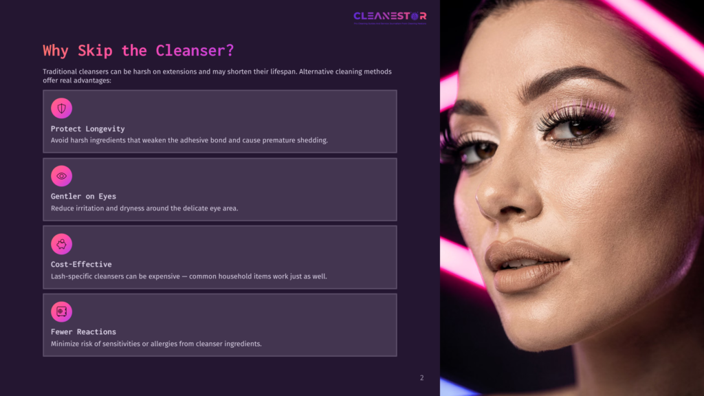 Close-Up Portrait Of A Woman With Flawless Makeup And Dramatic False Eyelashes, Framed By Vibrant Pink Neon Lights. Text On The Left Reads &Quot;Why Skip The Cleanser?&Quot; And Lists Benefits Like &Quot;Protect Longevity,&Quot; &Quot;Gentler On Eyes,&Quot; &Quot;Cost-Effective,&Quot; And &Quot;Fewer Reactions.