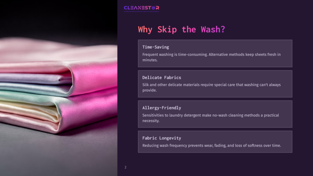 A Stack Of Luxurious, Silky Fabric Sheets In Pastel Shades Of Pink, Purple, And Mint Green, Folded Neatly. The Text &Quot;Cleanestor&Quot; Is Visible At The Top Left.