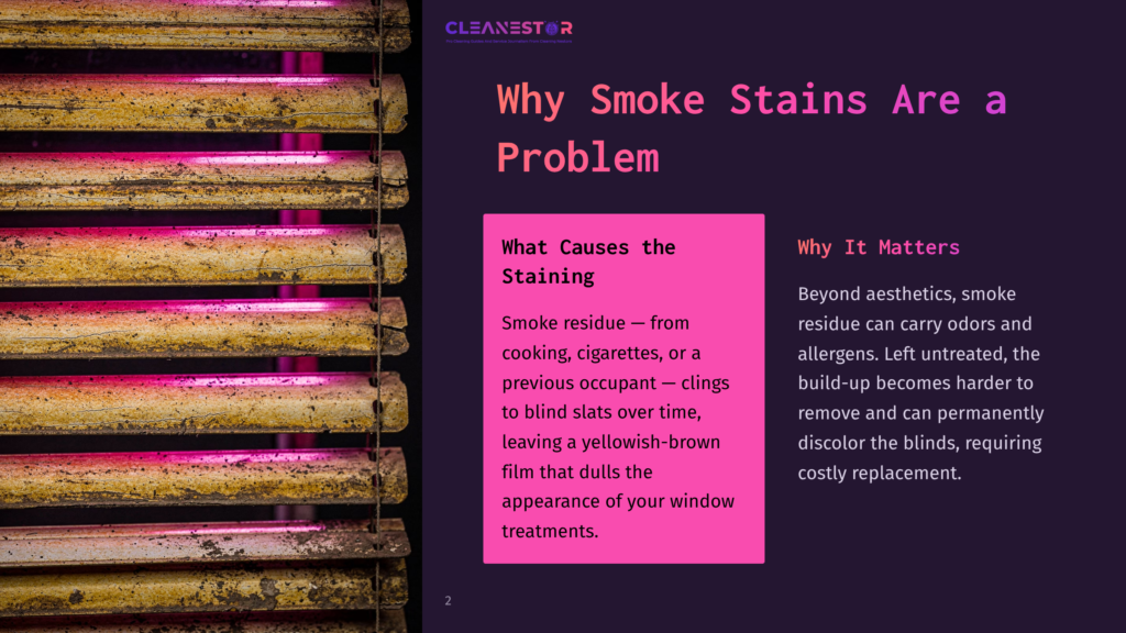 Close-Up Of Dirty, Yellowed Window Blinds Covered In Smoke Residue, With The Text &Quot;Why Smoke Stains Are A Problem&Quot; Visible On The Right.