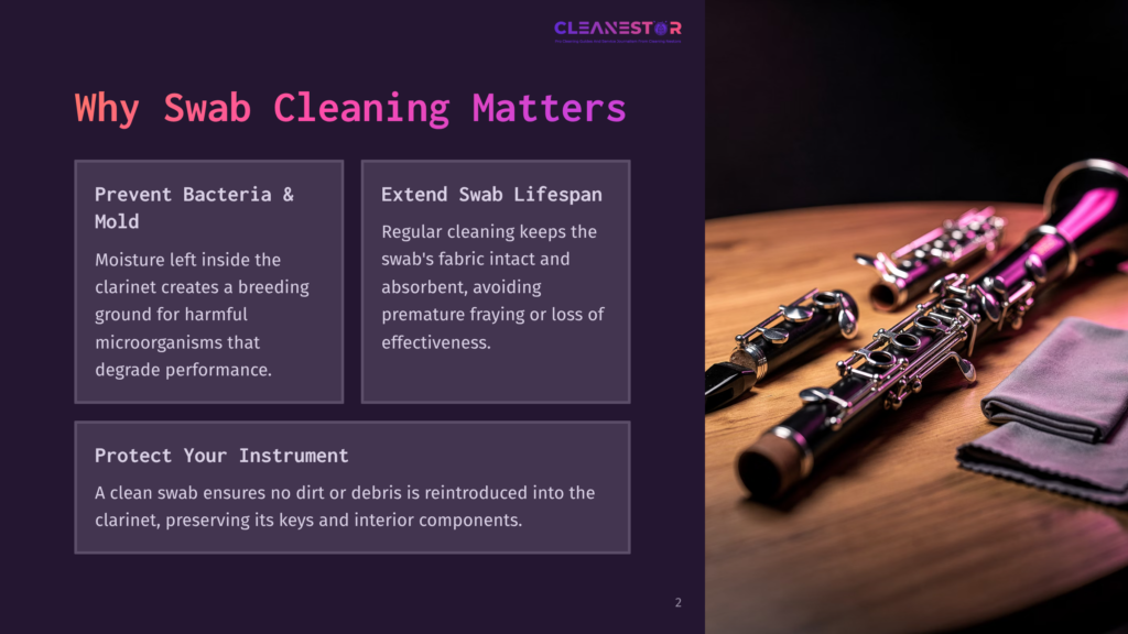 Why Swab Cleaning Matters&Quot; Text Overlaying A Dark Background, With A Close-Up Of A Shiny Black Clarinet With Silver Keys Resting On A Wooden Surface, Next To A Gray Cleaning Cloth.