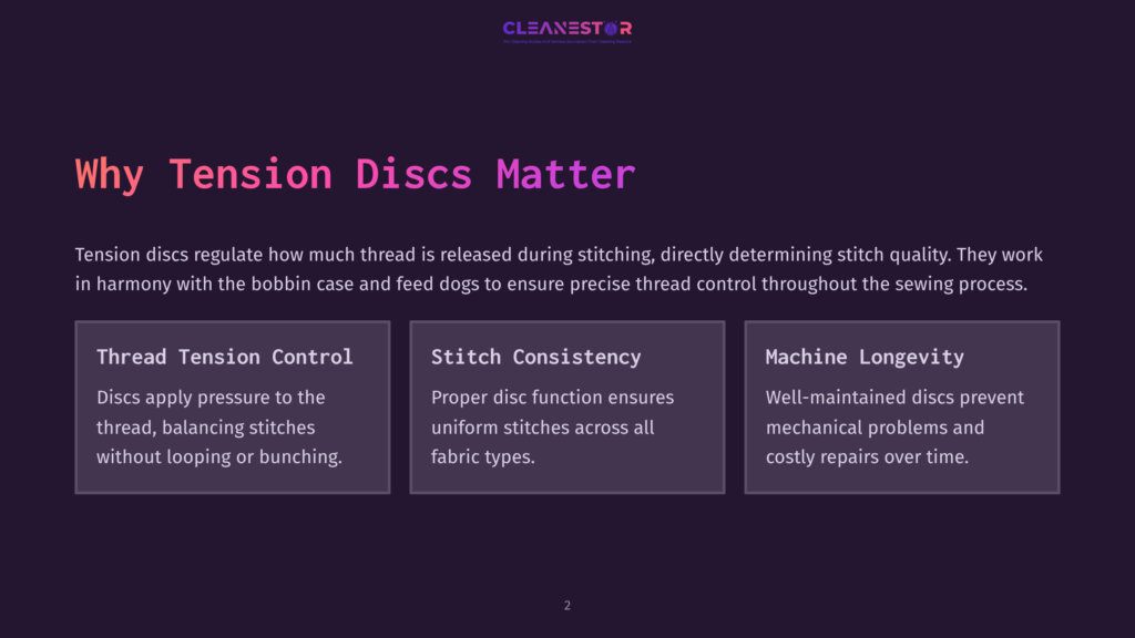 Dark Purple Background With A Gradient Effect. Text Reads &Quot;Cleanestor&Quot; In A Stylized Font At The Top, With &Quot;Pro Cleaning Service And Smart Home Automation Cleaning Solutions&Quot; Below. The Main Title &Quot;Why Tension Discs Matter&Quot; Is In Large White Font. Three Boxes Below Explain &Quot;Thread Tension Control,&Quot; &Quot;Stitch Consistency,&Quot; And &Quot;Machine Longevity.