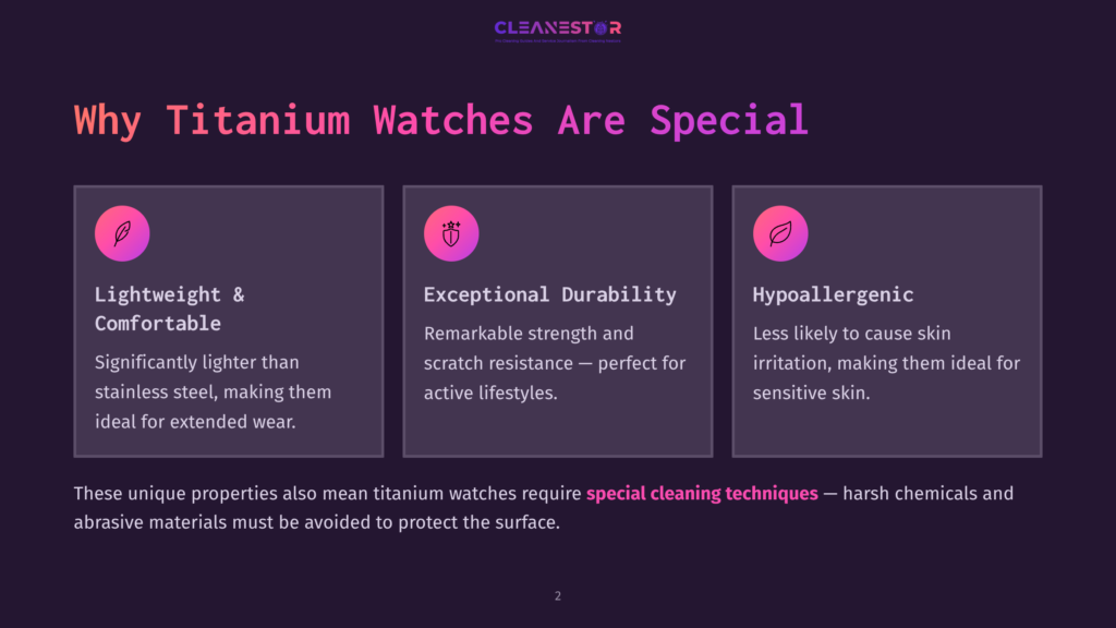 2 Why Titanium Watches Are Special Infographic Detailing The Special Properties Of Titanium Watches: Lightweight &Amp; Comfortable, Exceptional Durability, And Hypoallergenic. The Text &Quot;Why Titanium Watches Are Special&Quot; Is Prominent.