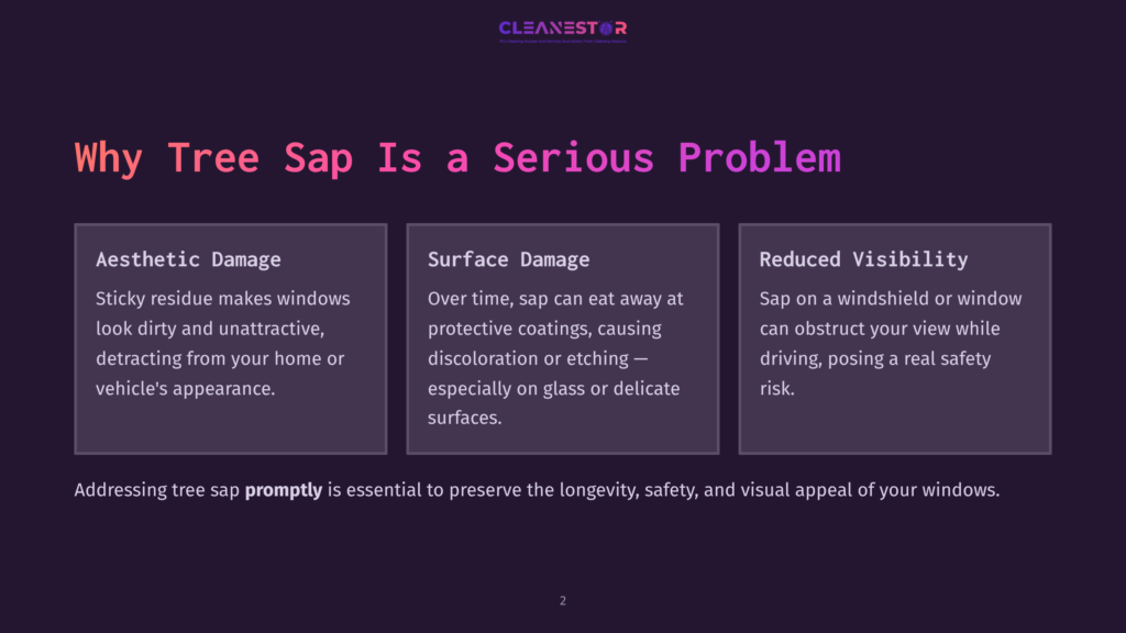 Infographic Detailing Why Tree Sap Is A Serious Problem For Windows, Highlighting Aesthetic Damage, Surface Damage, And Reduced Visibility, With The Cleanestor Logo At The Top.