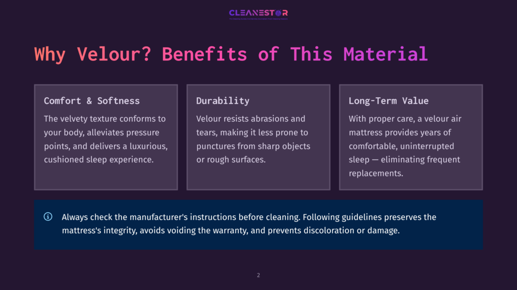 Infographic Highlighting The Benefits Of Velour Mattresses: Comfort &Amp; Softness, Durability, And Long-Term Value. Includes Text About Manufacturer Instructions For Cleaning.