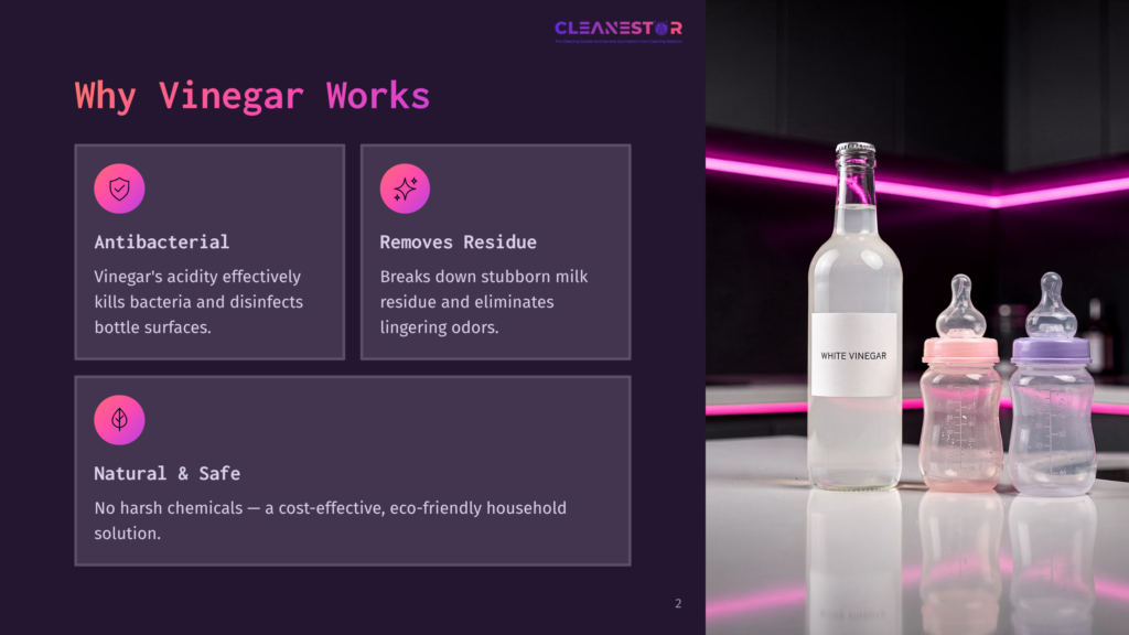 A White Vinegar Bottle And Two Baby Bottles Sit On A Reflective Surface, With Neon Pink Lighting In The Background.