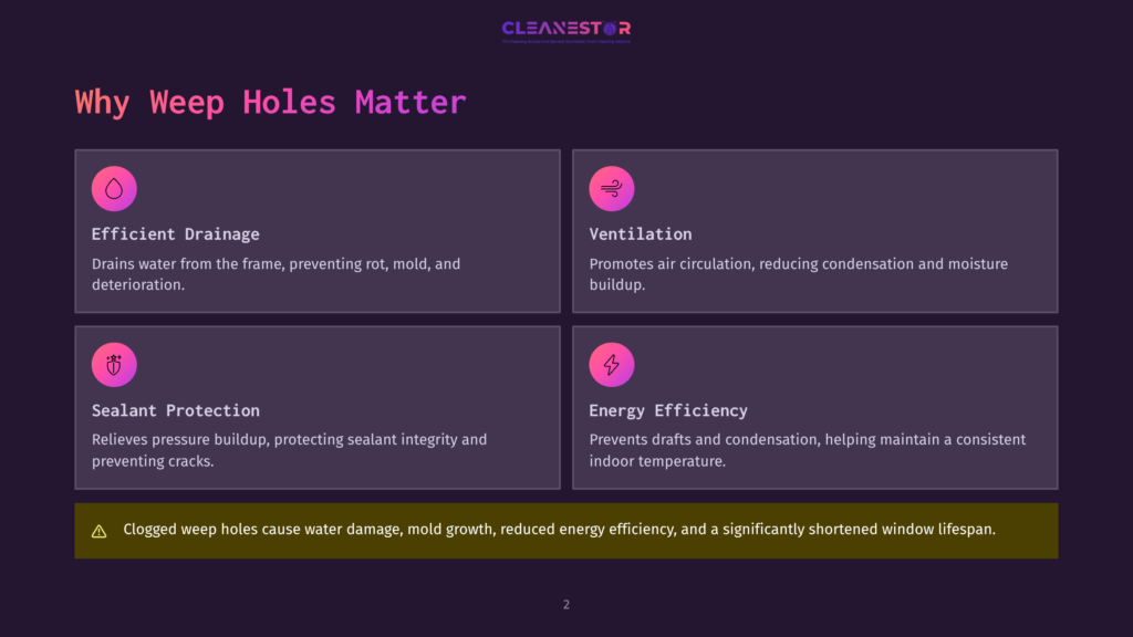 2 Why Weep Holes Matter 1 A Dark Purple Slide Titled &Quot;Why Weep Holes Matter&Quot; With Four Sections Detailing Their Importance: Efficient Drainage, Ventilation, Sealant Protection, And Energy Efficiency. A Warning At The Bottom States &Quot;Clogged Weep Holes Cause Water Damage, Mold Growth, Reduced Energy Efficiency, And A Significantly Shortened Window Lifespan.