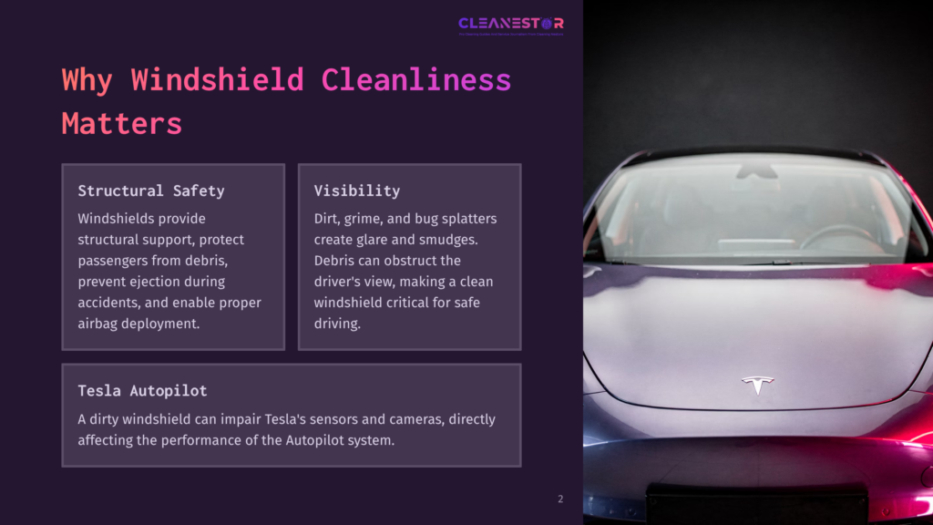 2 Why Windshield Cleanliness Matters Front View Of A White Tesla Car With A Clean Windshield, Illuminated By Pink And Purple Lights, Suggesting A Nighttime Or Dramatic Lighting Scenario.