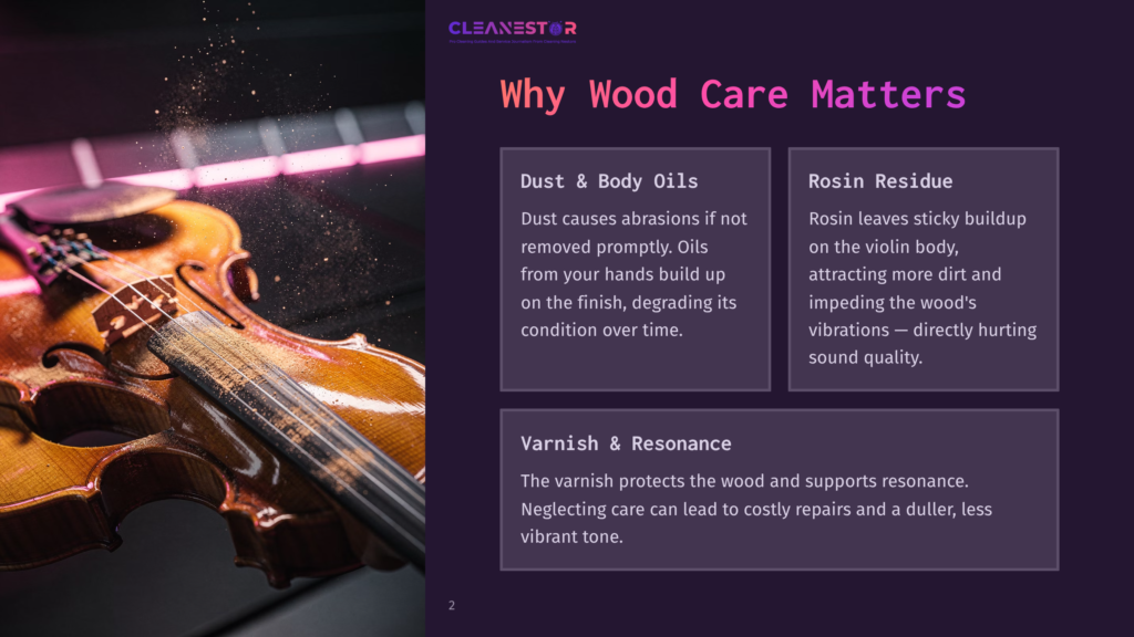 2 Why Wood Care Matters Close-Up Of A Violin With Dust And Rosin Residue, Highlighting The Need For Proper Wood Care And Maintenance To Preserve Its Sound Quality And Finish.