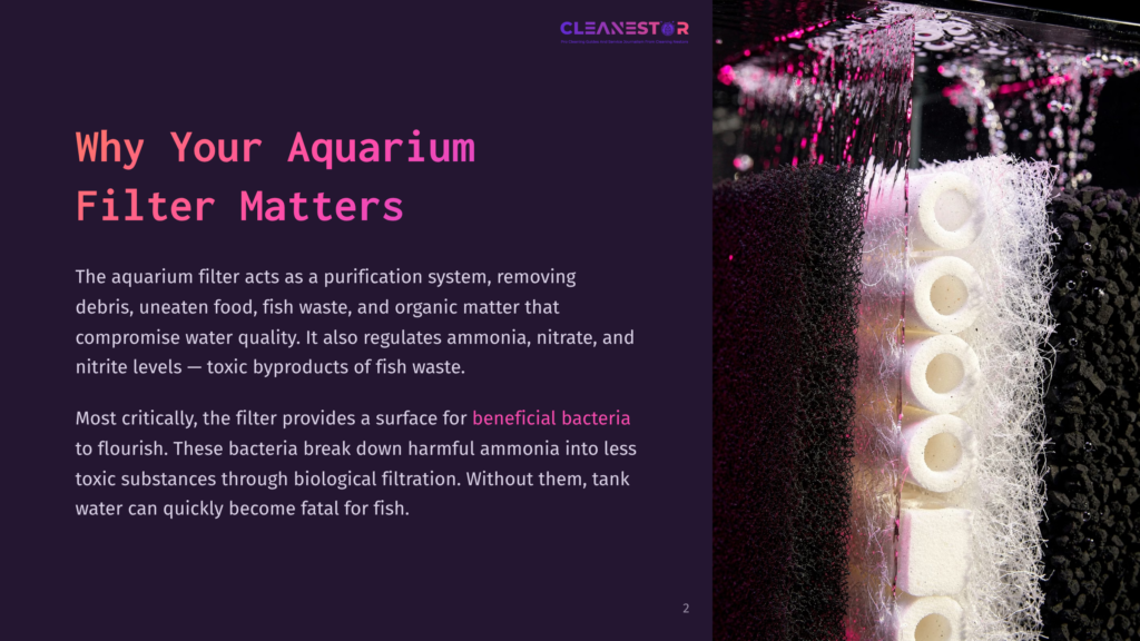 Close-Up Of An Aquarium Filter With Multiple Media Stages, Including Black Sponge And White Bio-Media, With Pink Water And Bubbles Visible In The Background. Text Overlay Reads &Quot;Cleanestor&Quot; And &Quot;Why Your Aquarium Filter Matters&Quot;.