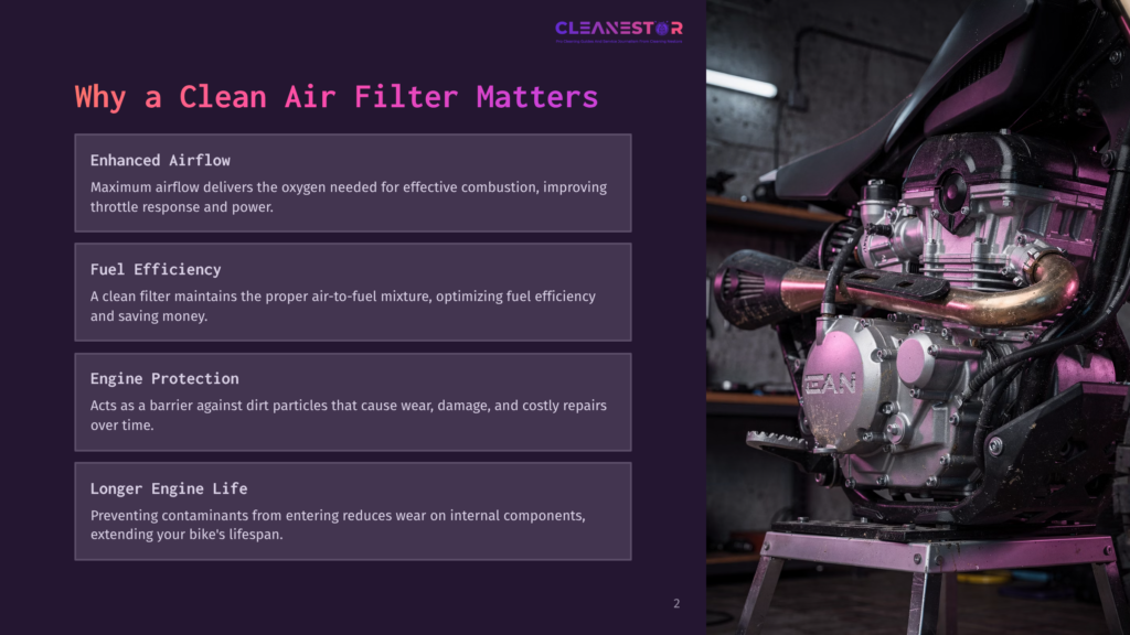 Close-Up Of A Motorcycle Engine With A Clean Air Filter Highlighted, Featuring Text About Clean Air Filter Benefits For Enhanced Airflow, Fuel Efficiency, Engine Protection, And Longer Engine Life.