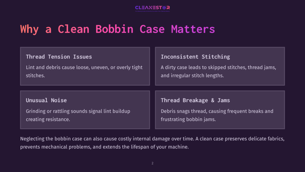 Infographic Titled &Quot;Why A Clean Bobbin Case Matters&Quot; Detailing Issues Like Thread Tension, Inconsistent Stitching, Unusual Noise, And Thread Breakage Caused By A Dirty Bobbin Case.