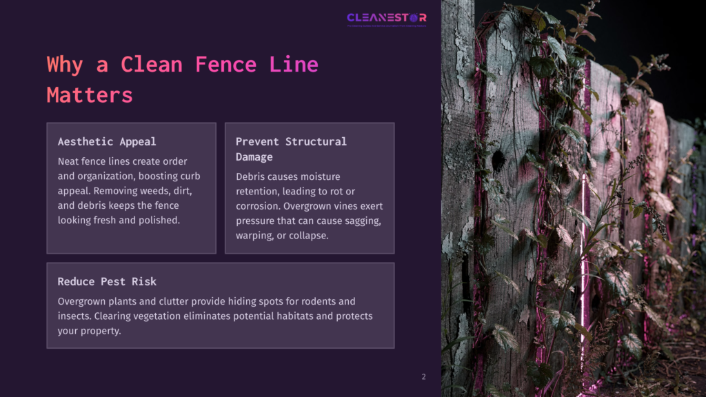 2 Why A Clean Fence Line Matters 1 A Dark Fence Line With Overgrown Plants, Vines, And Debris In The Background, Illustrating The Importance Of Maintaining A Clean Fence Line For Structural Integrity And Pest Prevention.