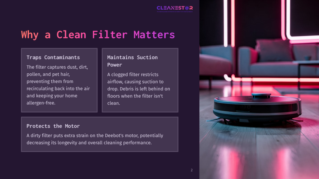 A Robotic Vacuum Cleaner Navigates A Wooden Floor In A Modern Living Room, Illuminated By Vibrant Pink And Purple Neon Lights. Text On The Left Discusses Why A Clean Filter Matters For Robot Vacuums.