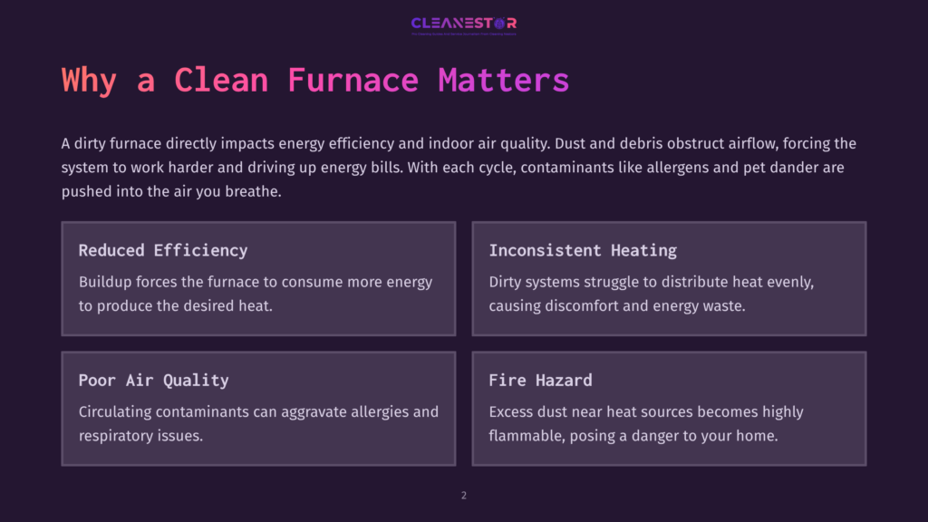 Infographic Titled &Quot;Why A Clean Furnace Matters&Quot; With Four Panels: &Quot;Reduced Efficiency,&Quot; &Quot;Inconsistent Heating,&Quot; &Quot;Poor Air Quality,&Quot; And &Quot;Fire Hazard.
