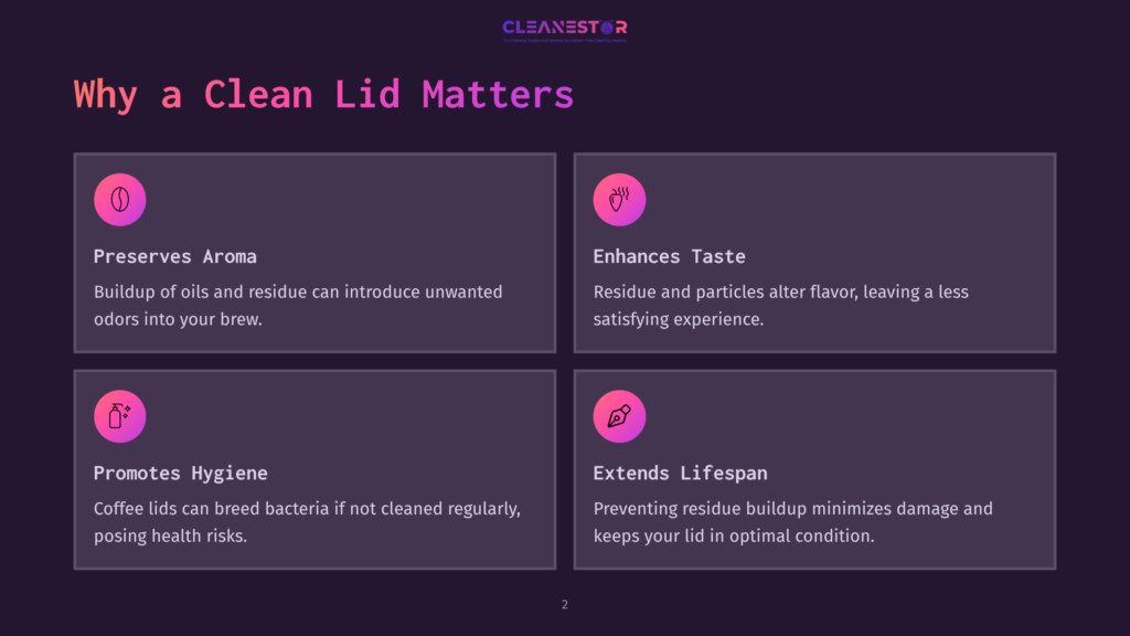 2 Why A Clean Lid Matters Infographic On A Dark Background Titled &Quot;Why A Clean Lid Matters,&Quot; With Four Points Illustrated: Preserves Aroma, Enhances Taste, Promotes Hygiene, And Extends Lifespan, Each With A Small Icon.