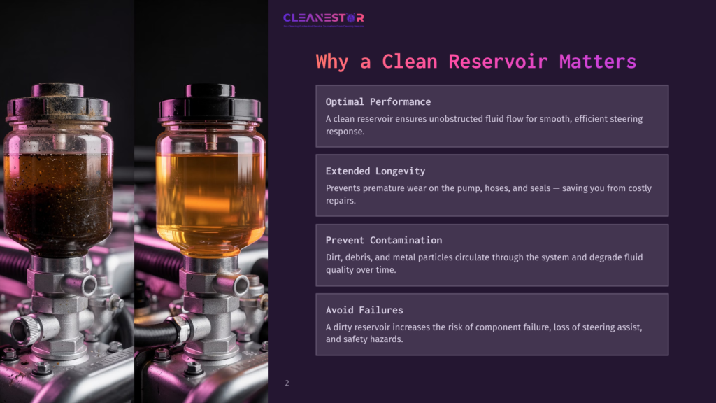2 Why A Clean Reservoir Matters Two Jars Side By Side; One Filled With Murky Brown Fluid, The Other Clear. Text Reads: 'Optimal Performance, Extended Longevity, Prevent Contamination, Avoid Failures'.