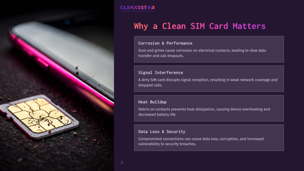 2 Why A Clean Sim Card Matters Close-Up Of A Sim Card With Gold Contacts And A Smartphone With A Glowing Pink Edge, Set Against A Dark, Textured Background. Text Overlay Reads &Quot;Cleanestor&Quot; And &Quot;Why A Clean Sim Card Matters&Quot;.