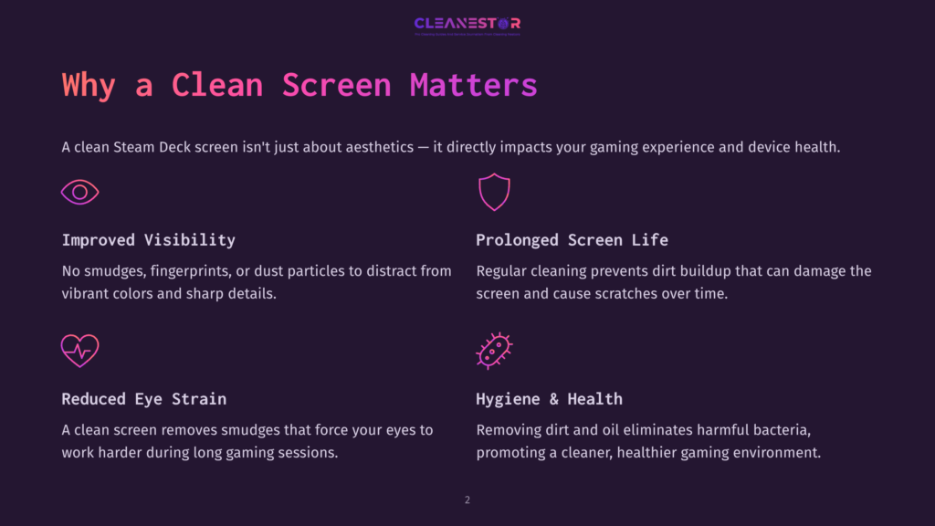 A Dark Purple Background With The Title &Quot;Why A Clean Screen Matters&Quot; And Three Sections Detailing The Benefits Of A Clean Screen: Improved Visibility, Prolonged Screen Life, And Reduced Eye Strain, With Accompanying Icons.
