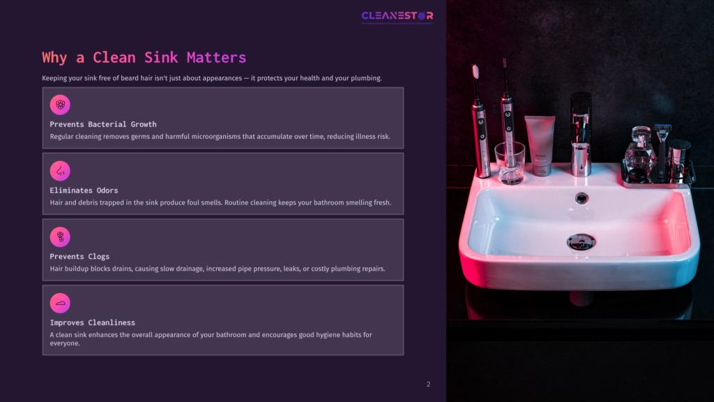 A Modern Bathroom Sink With Toothbrushes And Toiletries, Next To Text About Why A Clean Sink Matters, Including Preventing Bacterial Growth And Odors.