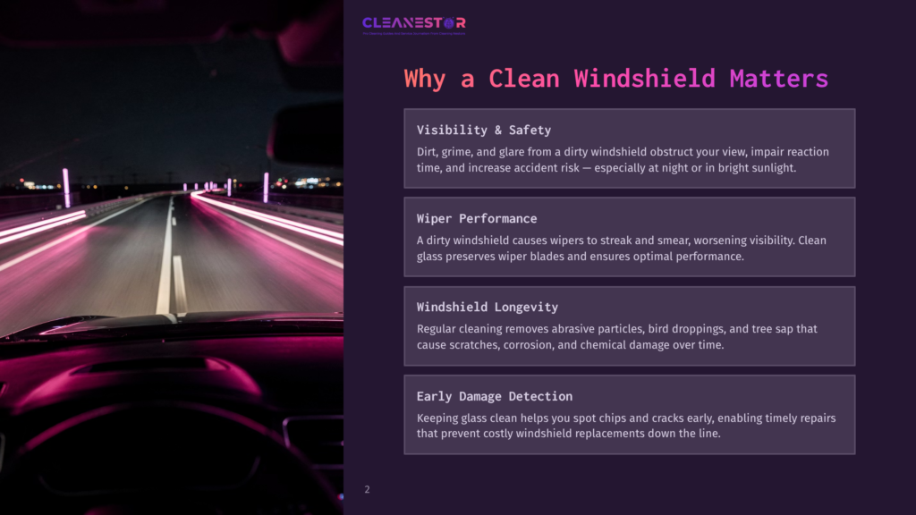 A Car'S Dashboard And Steering Wheel Are In The Foreground, Looking Out At A Highway At Night With Streaks Of Pink And White Light From Passing Cars And Streetlights. Text Overlay: &Quot;Cleanstor&Quot; And &Quot;Why A Clean Windshield Matters&Quot;.