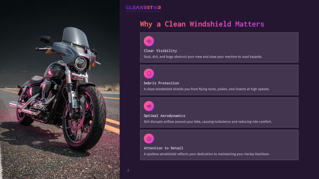A Sleek, Black Harley-Davidson Motorcycle With A Clean Windshield Is Parked On A Wet Asphalt Road, Reflecting Purple And Yellow Light. The Text &Quot;Cleanestor&Quot; And &Quot;Why A Clean Windshield Matters&Quot; Are Visible.