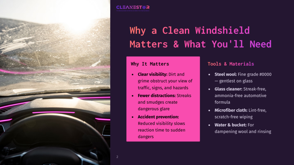 View Through A Dirty Car Windshield At Sunrise, With Pink Neon Interior Lighting Visible. Text Overlay: &Quot;Why A Clean Windshield Matters &Amp; What You'Ll Need&Quot; By Cleanestor.