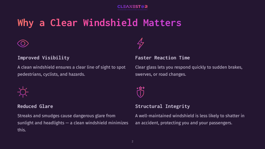 2 Why A Clear Windshield Matters Infographic Titled &Quot;Why A Clear Windshield Matters&Quot; With Icons And Text Explaining Improved Visibility, Faster Reaction Time, Reduced Glare, And Structural Integrity.