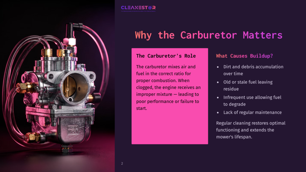 Close-Up Of A Complex Motorcycle Carburetor, With Intricate Metal Parts And Clear Fuel Lines, Against A Dark Background With The Text &Quot;Cleanestor&Quot; And &Quot;Why The Carburetor Matters.