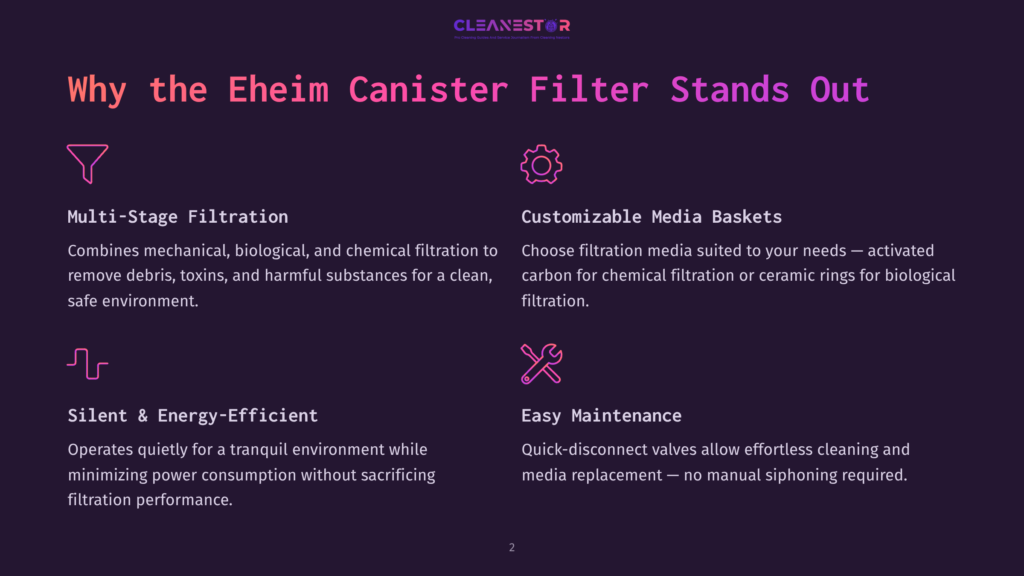 Cleanestor Eheim Canister Filter Features: Multi-Stage Filtration, Customizable Media Baskets, Silent &Amp; Energy-Efficient Operation, And Easy Maintenance With Quick-Disconnect Valves.
