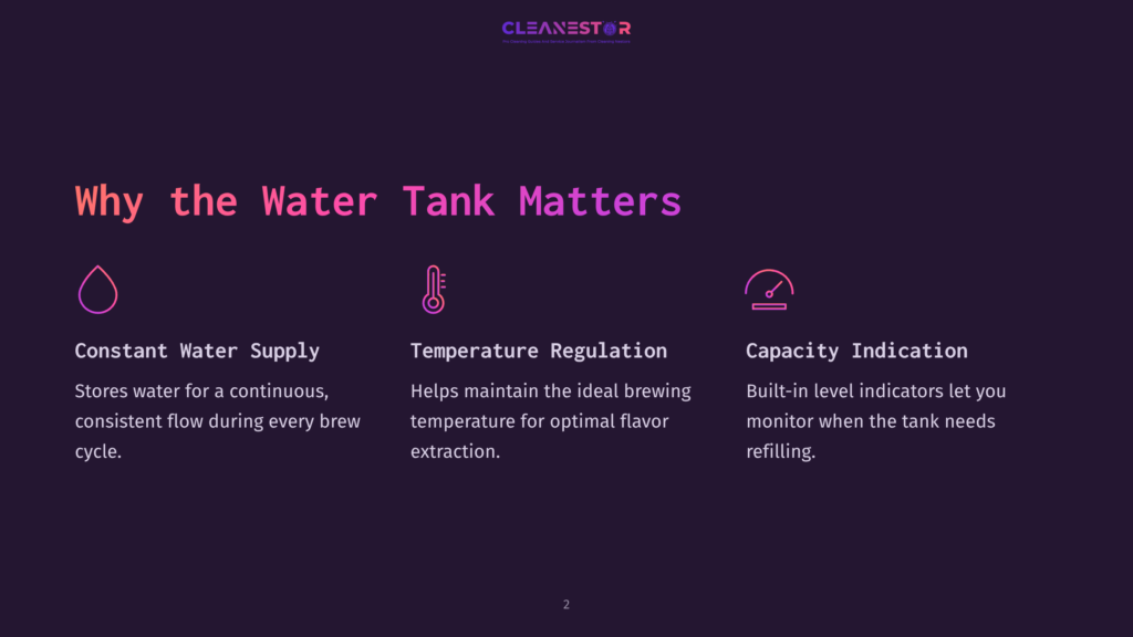 Dark Purple Background With The Text &Quot;Why The Water Tank Matters&Quot; In Large White And Pink Font. Below Are Three Icons And Descriptions: A Water Drop With &Quot;Constant Water Supply&Quot;, A Thermometer With &Quot;Temperature Regulation&Quot;, And A Gauge With &Quot;Capacity Indication&Quot;.