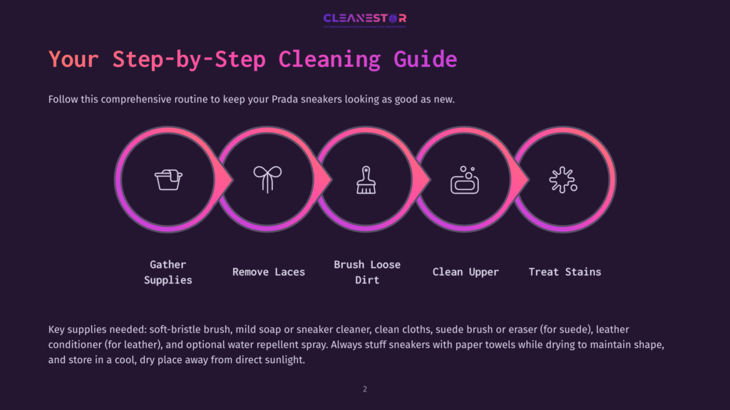 Infographic Illustrating A Step-By-Step Guide To Cleaning Prada Sneakers, Featuring Five Circular Icons Representing: Gathering Supplies, Removing Laces, Brushing Loose Dirt, Cleaning The Upper, And Treating Stains. The Title &Quot;Your Step-By-Step Cleaning Guide&Quot; Is Prominent.