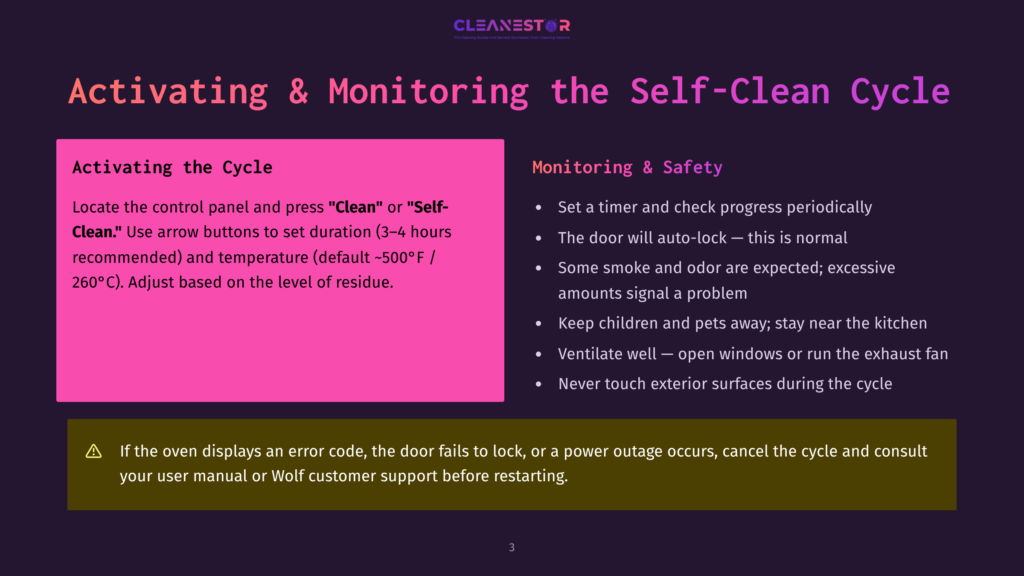A Graphical Guide On A Purple Background Detailing The Process Of Activating And Monitoring A Self-Clean Cycle. The Guide Is Divided Into Two Sections: Activating The Cycle And Monitoring And Safety. It Includes Instructions To Locate The Control Panel, Set A Duration And Temperature For The Cycle, And Provides Safety Tips Such As Keeping Children And Pets Away And Opening Windows.