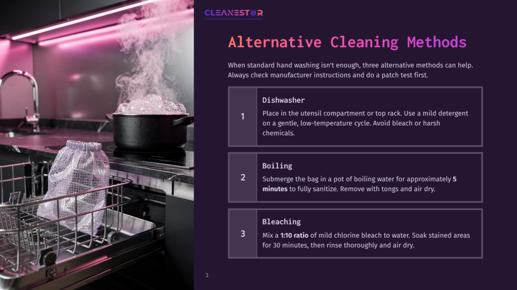 Cleanestor Alternative Cleaning Methods: Dishwasher, Boiling, And Bleaching Instructions Displayed Next To A Steaming Pot And A Mesh Bag In A Modern Kitchen.