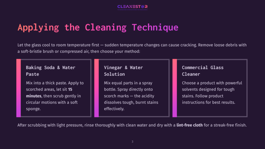 Three Columns Detailing Cleaning Techniques For Glass: Baking Soda &Amp; Paste, Vinegar &Amp; Water Solution, And Commercial Glass Cleaner, With Instructions For Each.