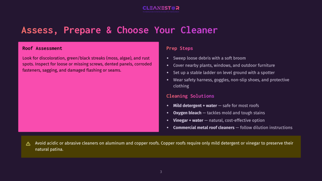 A Purple Slide Presentation Titled &Quot;Assess, Prepare &Amp; Choose Your Cleaner&Quot; Details Roof Assessment And Prep Steps, Including Cleaning Solutions Like Mild Detergent + Water And Oxygen Bleach.