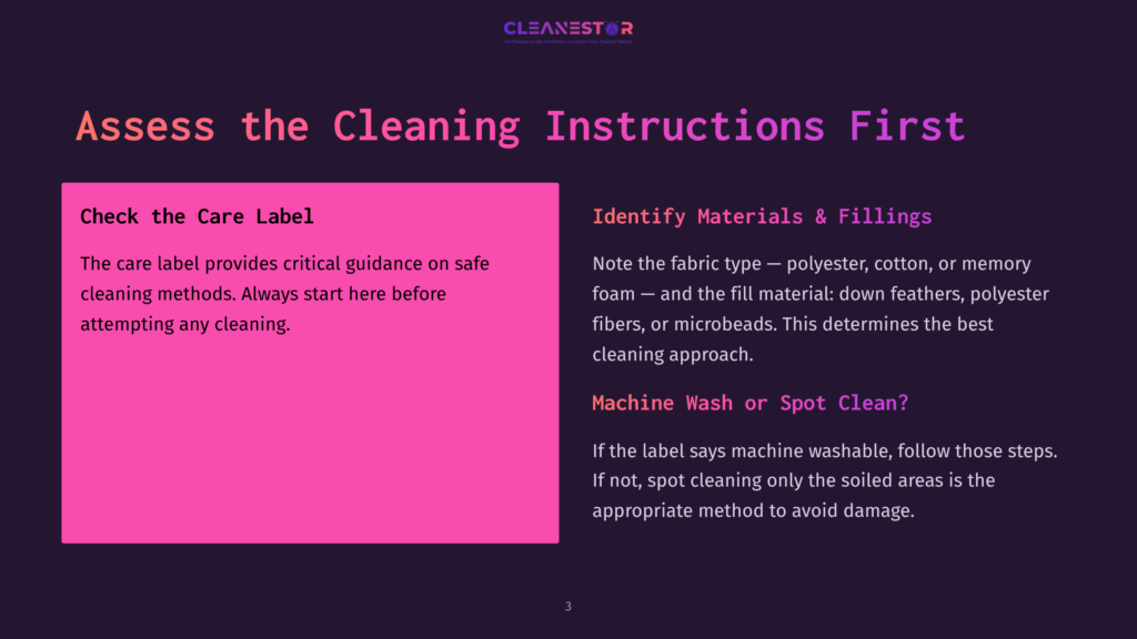 Dark Background With Text About Cleaning Instructions. Left Side Has A Pink Box With &Quot;Check The Care Label&Quot; And Details On Reading It. Right Side Has &Quot;Identify Materials &Amp; Fillings&Quot; With Fabric Types And Cleaning Methods.