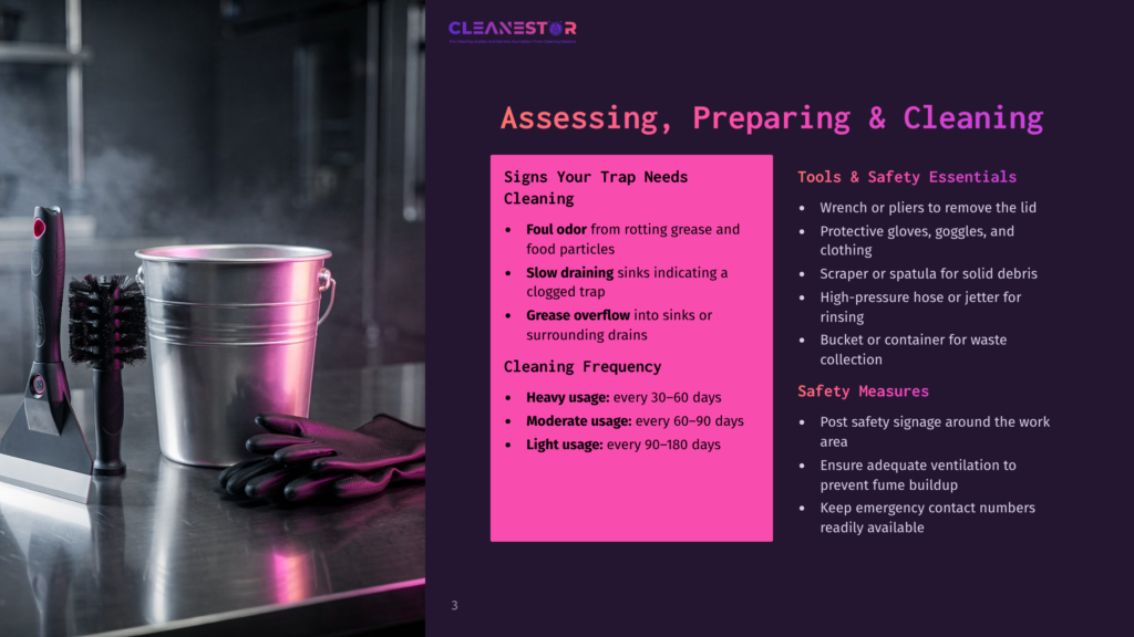 Cleanestor Graphic: &Quot;Assessing, Preparing &Amp; Cleaning&Quot; With Bullet Points On Trap Cleaning Frequency, Tools, And Safety Essentials. Includes Icons Of Cleaning Tools Like A Bucket And Gloves.