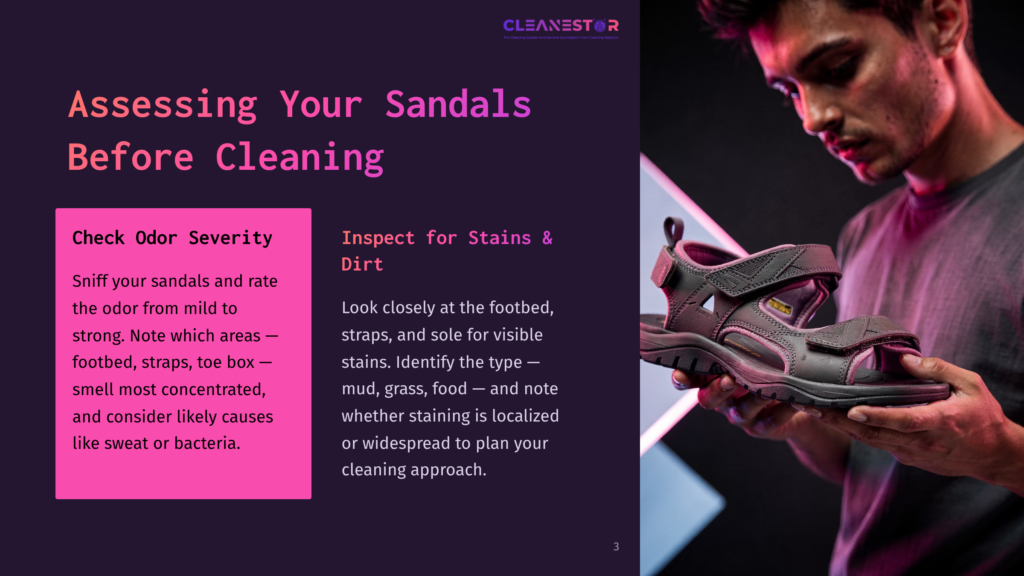 Man Inspecting A Dark Grey Sandal, With Text Overlay &Quot;Assessing Your Sandals Before Cleaning&Quot; And &Quot;Check Odor Severity&Quot; And &Quot;Inspect For Stains &Amp; Dirt.