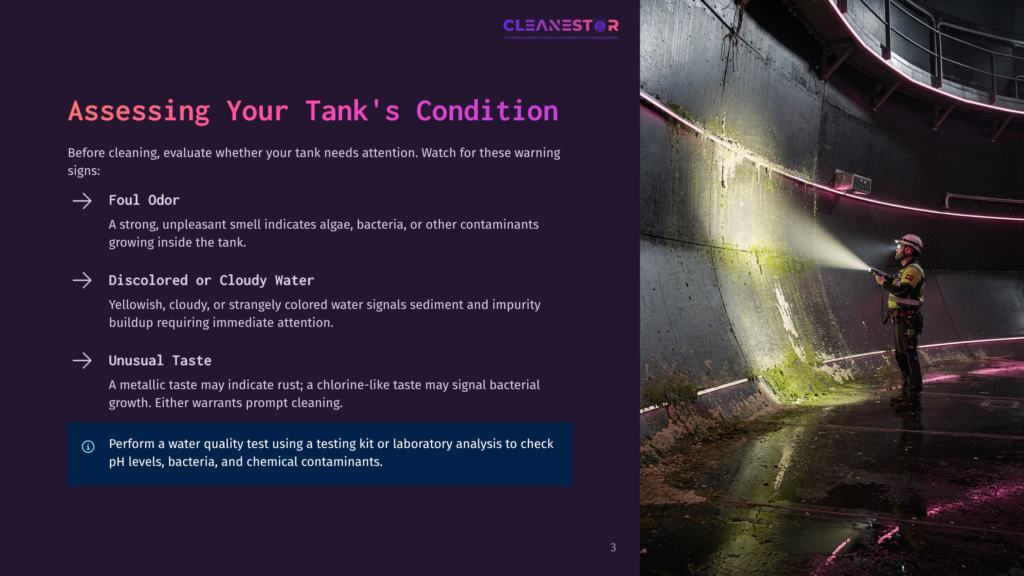 A Worker In A Yellow Hard Hat And High-Visibility Vest Sprays Water From A Hose Inside A Large, Dark Industrial Tank, Cleaning Moss And Grime From The Curved Metal Wall.