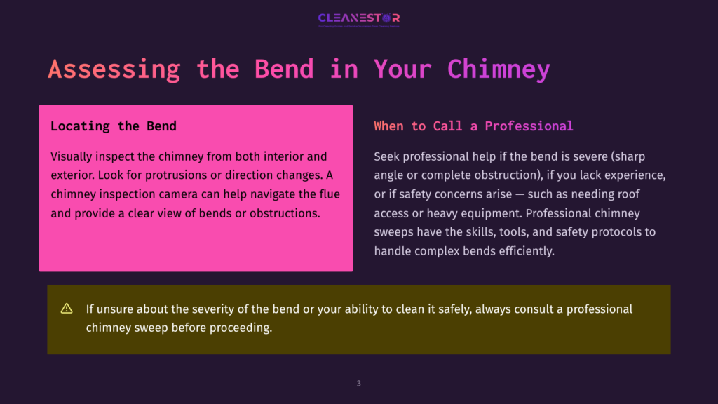 3 Assessing The Bend In Your Chimney Cleanestor Logo And Text: &Quot;Assessing The Bend In Your Chimney&Quot; With Sections On &Quot;Locating The Bend&Quot; And &Quot;When To Call A Professional.