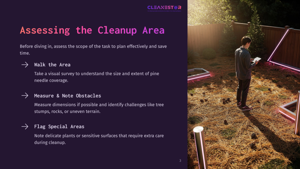 A Person In A Yard With Pine Needles And Neon Lights Examines A Tablet, With Text On The Left About Assessing Cleanup Areas, Measuring Dimensions, And Noting Obstacles.