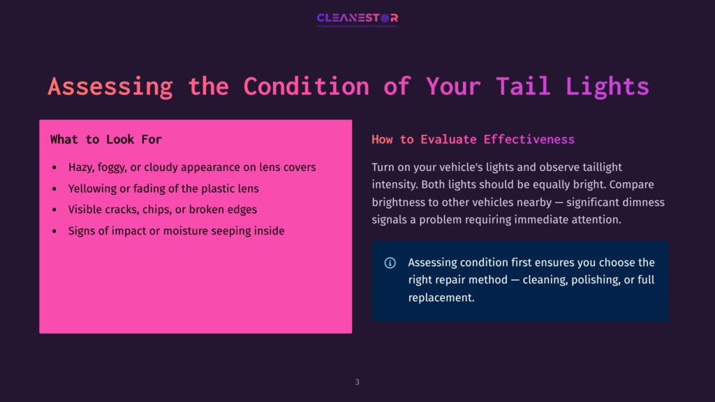 3 Assessing The Condition Of Your Tail Lights Presentation Slide Titled &Quot;Assessing The Condition Of Your Tail Lights&Quot; With Sections &Quot;What To Look For&Quot; And &Quot;How To Evaluate Effectiveness,&Quot; Featuring Bullet Points And Text About Tail Light Inspection.