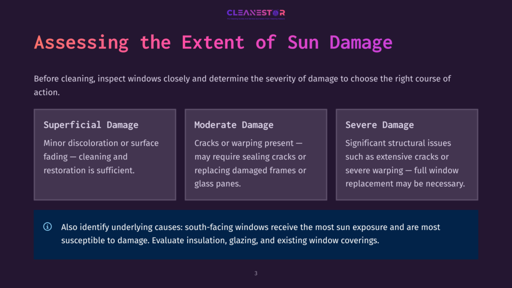 3 Assessing The Extent Of Sun Damage Slide Titled &Quot;Assessing The Extent Of Sun Damage&Quot; Showing Three Columns: Superficial Damage (Minor Discoloration, Fading), Moderate Damage (Cracks, Warping, Sealing Issues), And Severe Damage (Structural Issues, Extensive Cracks, Warping, Full Window Replacement). A Note At The Bottom Highlights South-Facing Windows And Insulation.