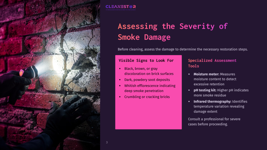 Close-Up Of A Person In Dark Gloves Shining A Flashlight On A Brick Wall, Revealing Dark Soot Deposits And Smoke Damage. Text Overlay: &Quot;Assessing The Severity Of Smoke Damage&Quot;.