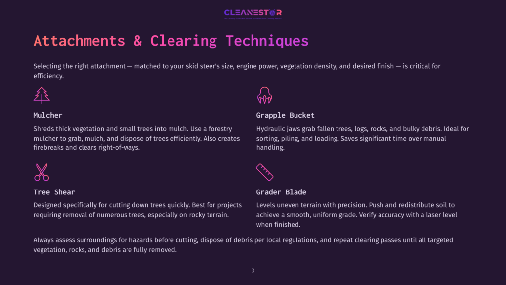 Infographic Detailing Skid Steer Attachments For Land Clearing: Mulcher, Grapple Bucket, Tree Shear, And Grader Blade, With Descriptions And Icons.