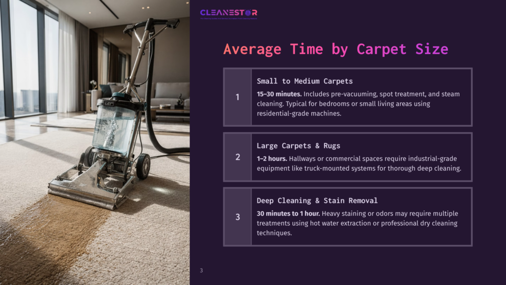 3 Average Time By Carpet Size A Professional Carpet Cleaning Machine With A Large Water Tank And Brush Attachment Is Shown In Action On A Light Brown Carpet In A Modern, Sunlit Living Room With Large Windows.