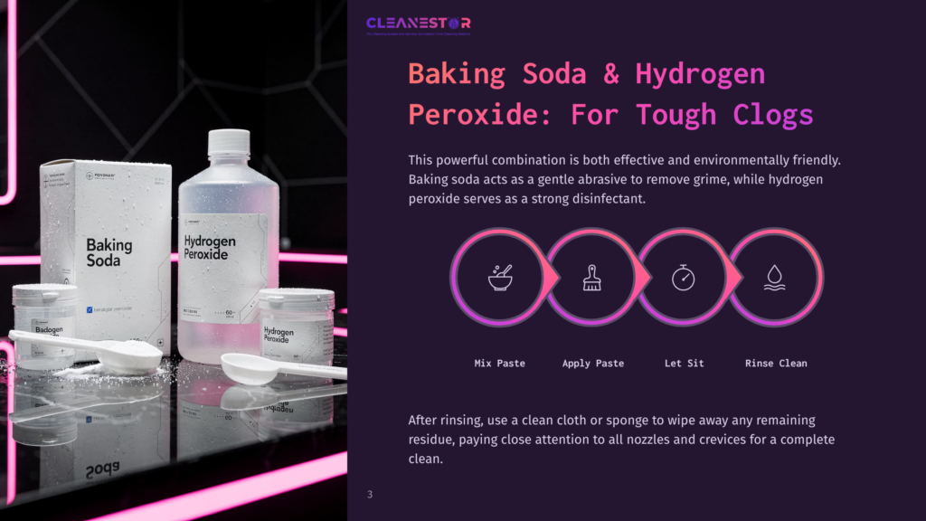 3 Baking Soda And Hydrogen Peroxide For Tough Clogs Cleanestor Graphic: Baking Soda &Amp; Hydrogen Peroxide For Tough Clogs, Featuring Product Bottles And Jars, With Icons Illustrating Mixing, Applying, Letting Sit, And Rinsing.
